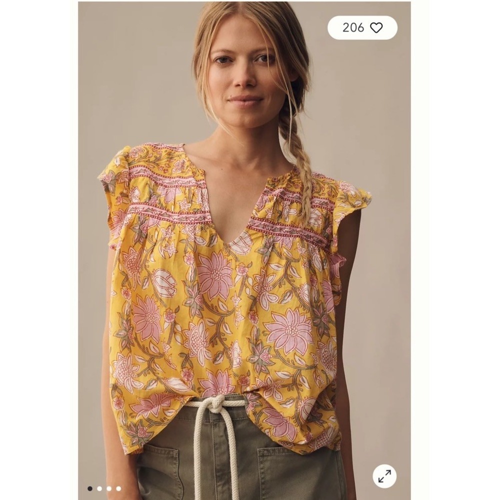 Anthropologie Velvet by Graham & Spencer Kenzie Blouse Yellow Boxy Flowy Print M